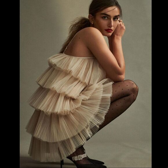 NWT Maeve Strappy Tiered Tulle Mini Dress Large Tan
